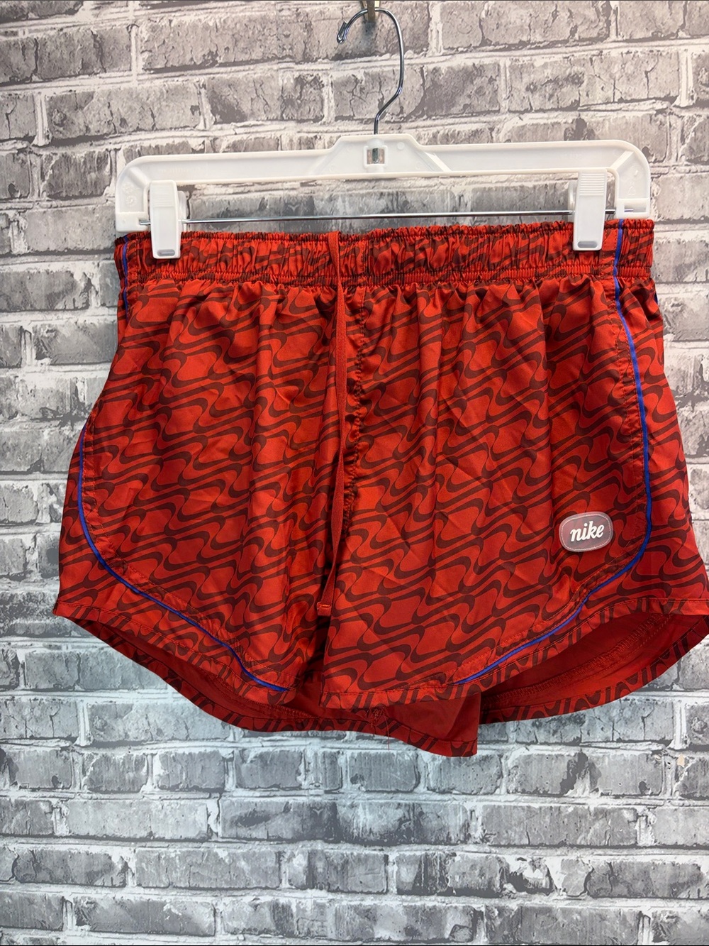 Nike‎ Red Wavy-Print Athletic Shorts with Blue Trim